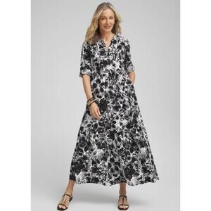 NWT Chico's Cotton Roll Tab Sleeve Maxi Dress Black White Floral 2.7 14